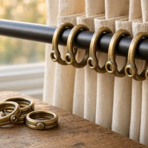 12 Vintage Brass Curtain Rings With Eyelets Solid Metal Drapery Loops For Classic Pleated Window Panels