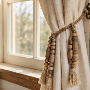 5 Vintage Wood Bead Curtain Tiebacks Farmhouse Drapery Holdbacks Natural Style Window Accents